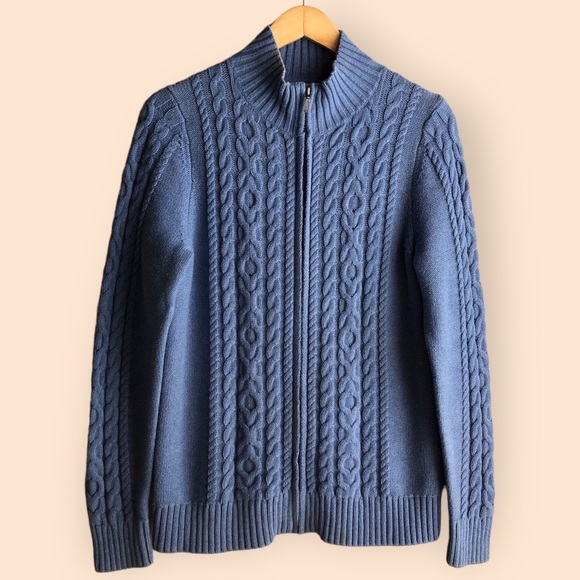 L.L. Bean Women’s Double L Mixed Cable Sweater Zip Front Cardigan Blue Medium - Picture 1 of 14